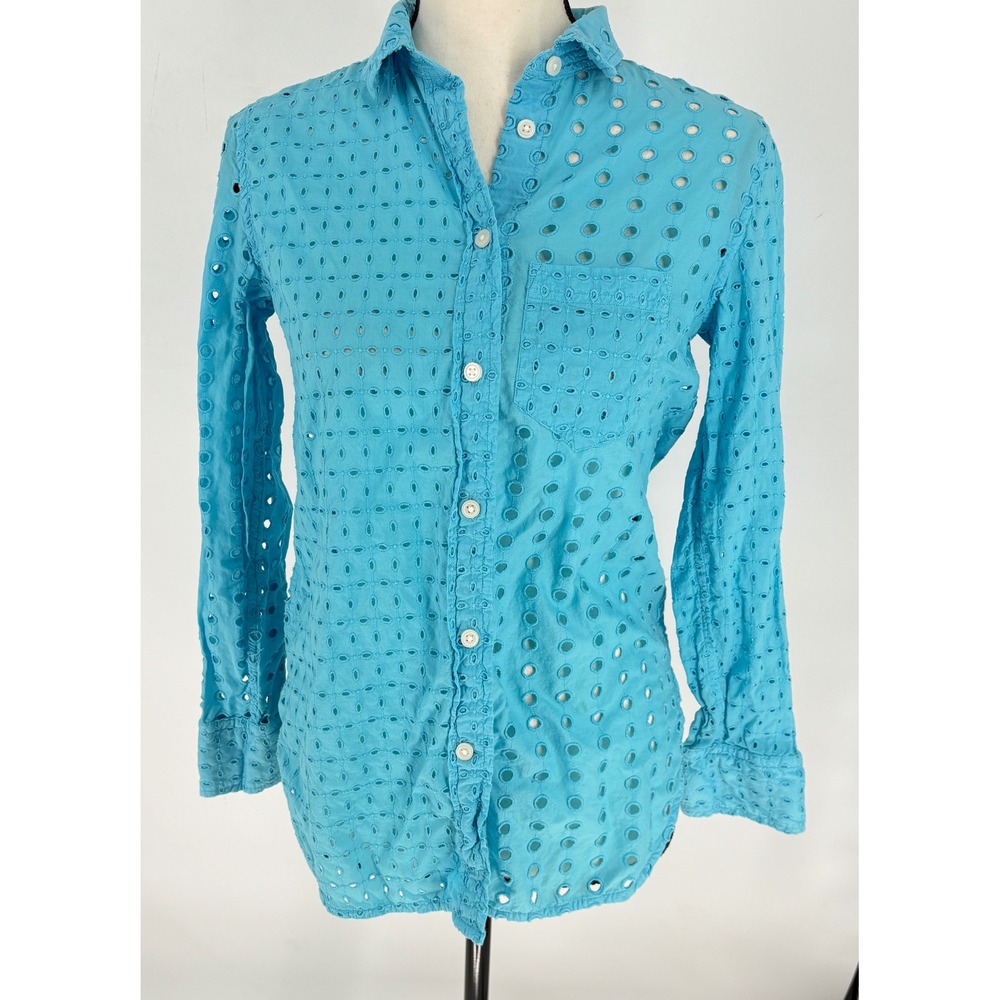 J Crew Eyelet Shirt Button Down Long Sleeve Cotton Top Blouse‎ Turquoise Size 00